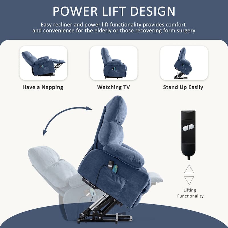 Blue Power Lift Recliner with Heat, Massage, USB Charging, Side Pockets, and Remote Control for Convenience
