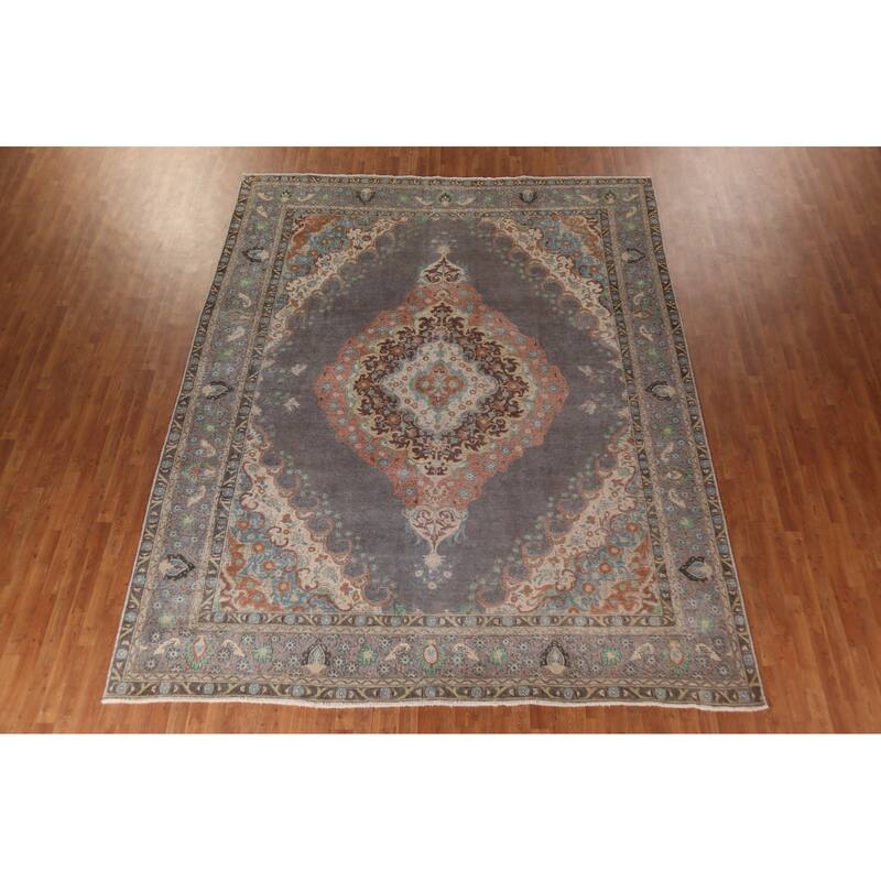 Gray Tabriz Persian Vintage Area Rug Hand-Knotted Wool Carpet - 9'10"x 12'0"