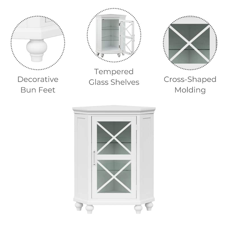 Teamson Home 25" W White Corner Freestanding Floor Cabinet, Tempered Glass Shelves, Adjustable Storage for Bathroom and Kitchen