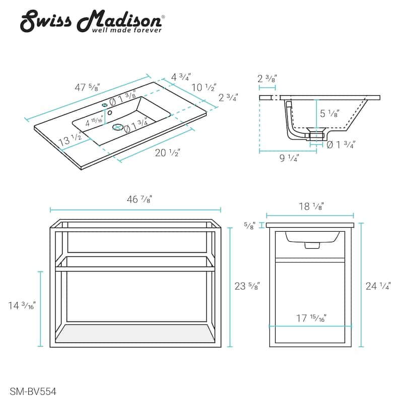 Swiss Madison SM-BV554 Pierre 48" Single, Metal Frame, Open Shelf, Bathroom Vanity