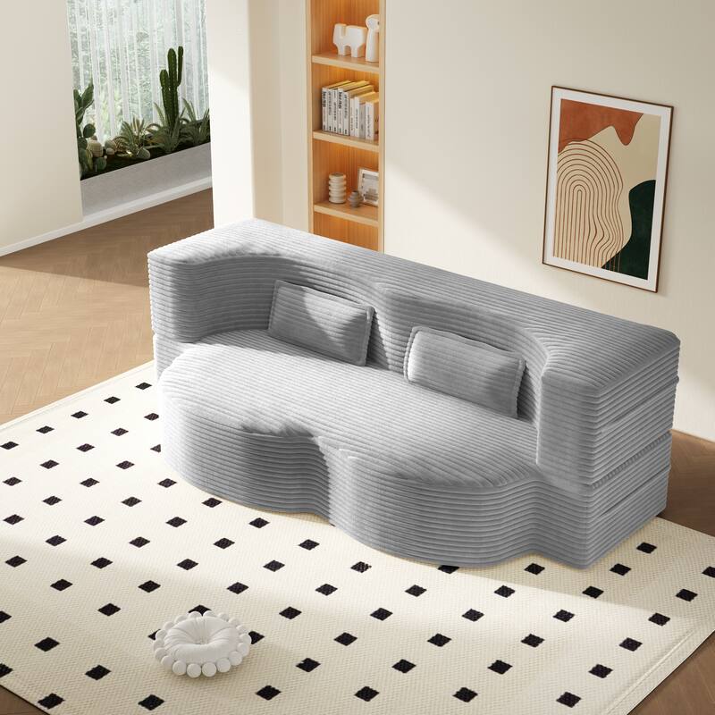 Convertible Floor Sofa with Corduroy Fabric, Twin Mattress & No Assembly - Light Grey