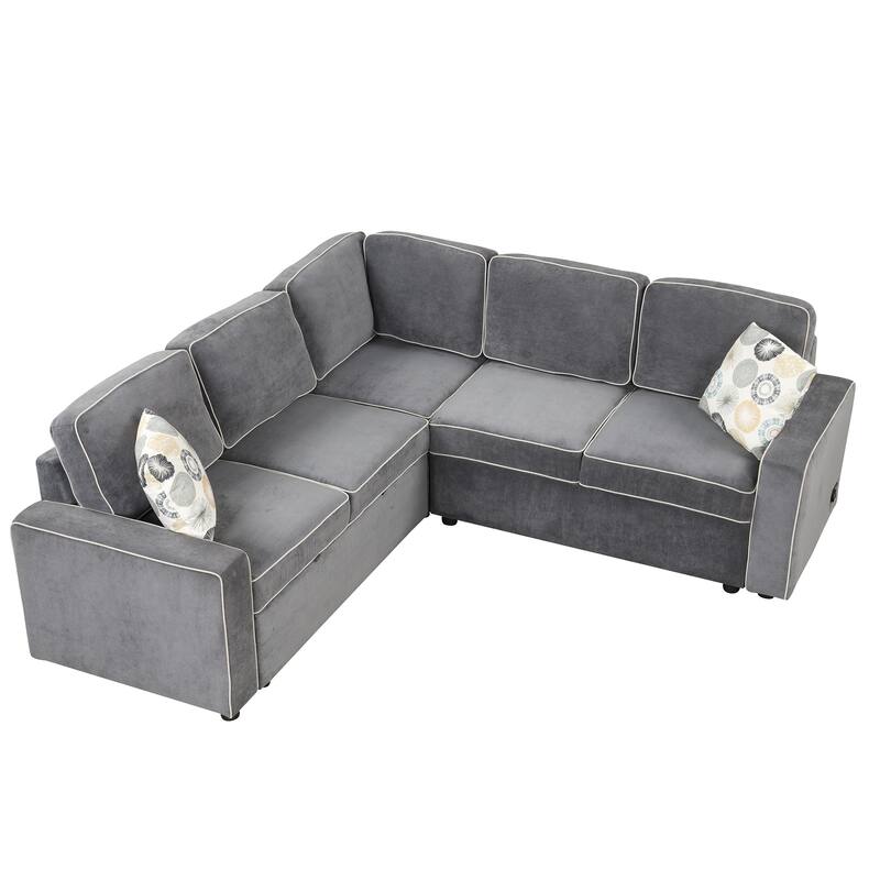 L-Shaped Pull Out Sofa Bed Modern Convertible Sleeper Sofa with 2 USB ports, 2 Power Sockets and 3 Pillows