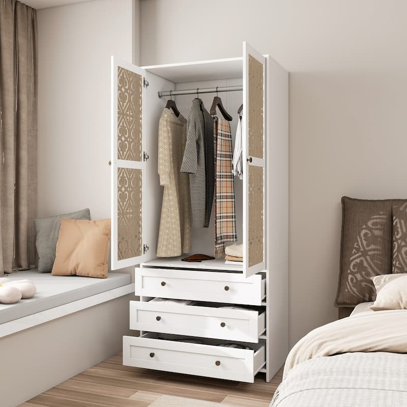 Armoire Wardrobe Closet, 71" Wooden Wardrobe Cabinet with 3 Drawers, Hanging Rod, 2 Doors Clothing Storage Cabinet