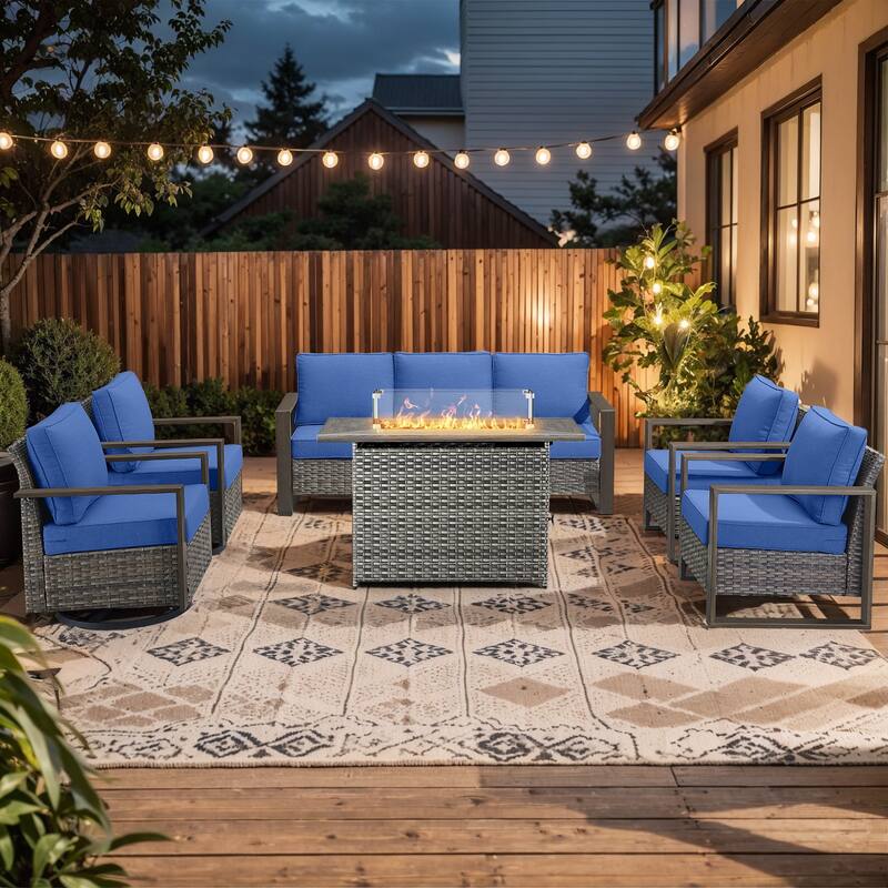 Pocassy 6 Pieces Outdoor Sofa Chair with Fire Pit Table Set - Blue cushion - Gray Wicker