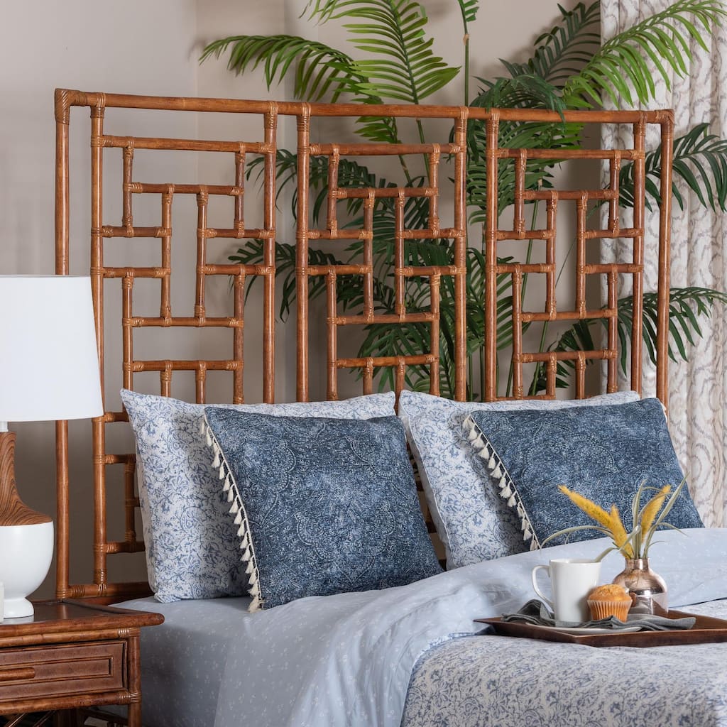 Jamuna Marbled Tortoise Natural Rattan Headboard - Handcrafted Coastal Boho Style Bedroom Backdrop