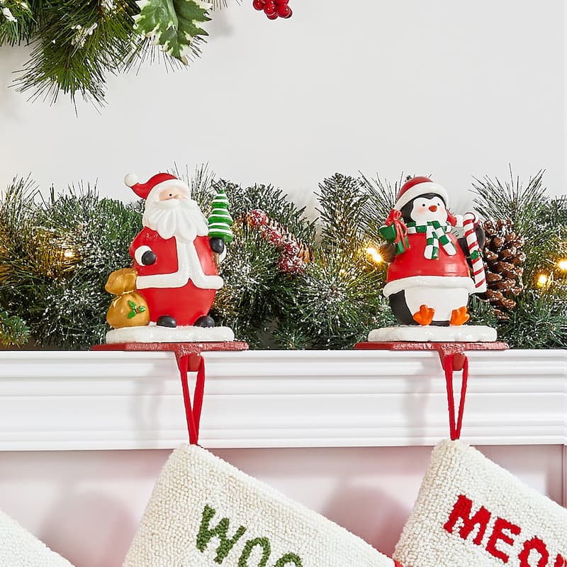 Glitzhome Resin Santa Snowman Penguin Gnomes with JOY Christmas Stocking Holders Mantel Ornament(Set of 3)