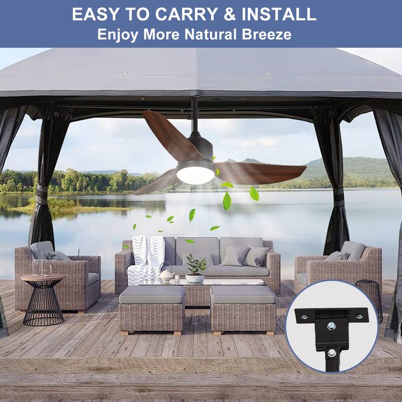 Outdoor Ceiling Fan with Light: 42-52 Inch Hanging - Plug in Waterproof Fans for Patio - Dimmable Remote App Control Black