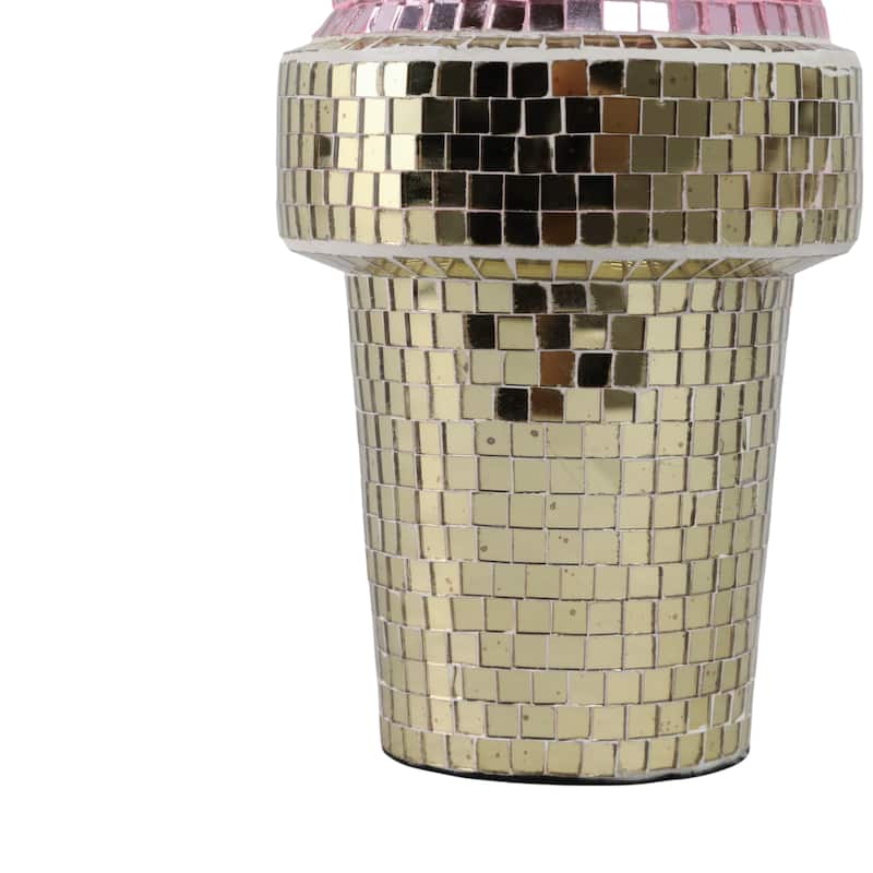 Glass Wood Figurine Mosaic Ice Cream Cone for Home Decor - 9" Pink - 4.25" x 4.25" x 9"