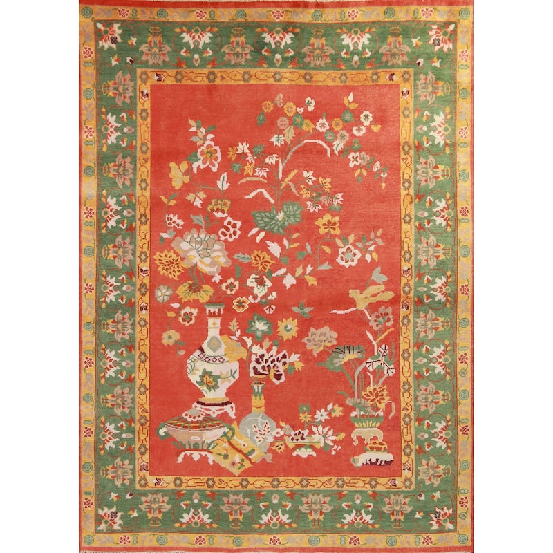 Floral Orange Art Deco Oriental Area Rug Handmade Wool Carpet - 7'10" x 10'0"