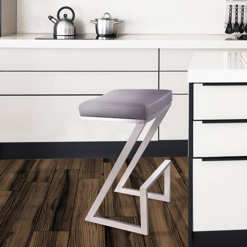 Contemporary 26" Counter Height Bar Chair with Silver Iron Base and Soft Faux Leather Cushion Seat - 26"H x 17"W x 17"D
