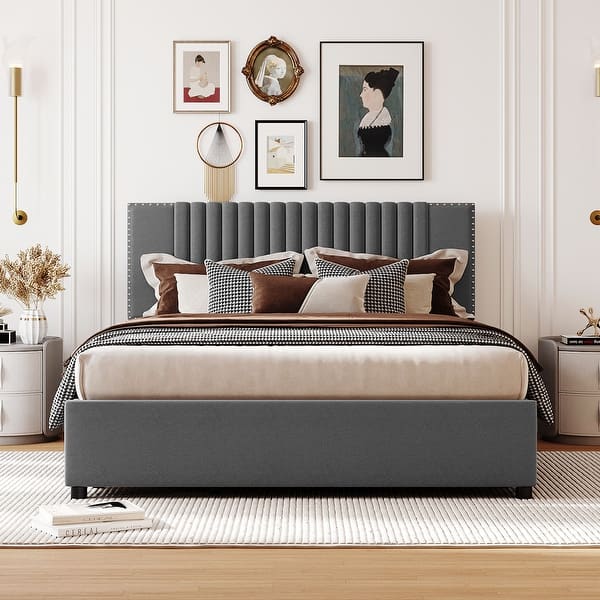 slide 2 of 20, Queen Size Upholstered Platform Bed Grey