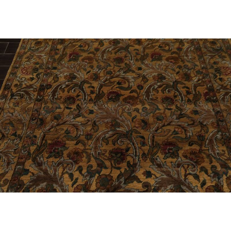 Agra Traditional Botanical Plush Pile Gold Wash Silky Sheen 5'11''x9 Hand Knotted New Zealand Wool Gold Rug - 5' 11'' x 9'