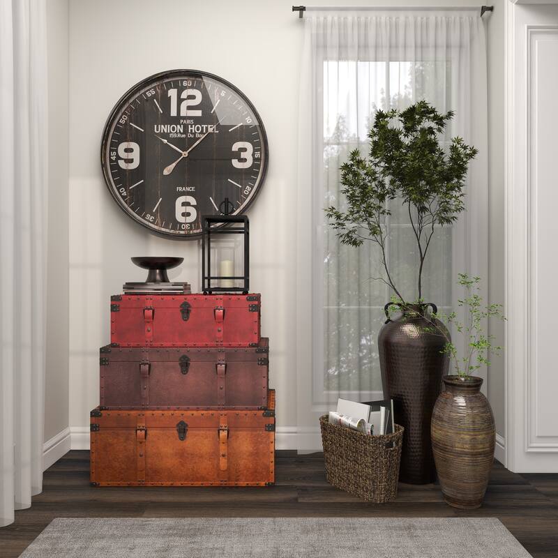 Brown Wood Nesting Upholstered Decorative Trunk with Vintage Accents and Studs (Set of 3)