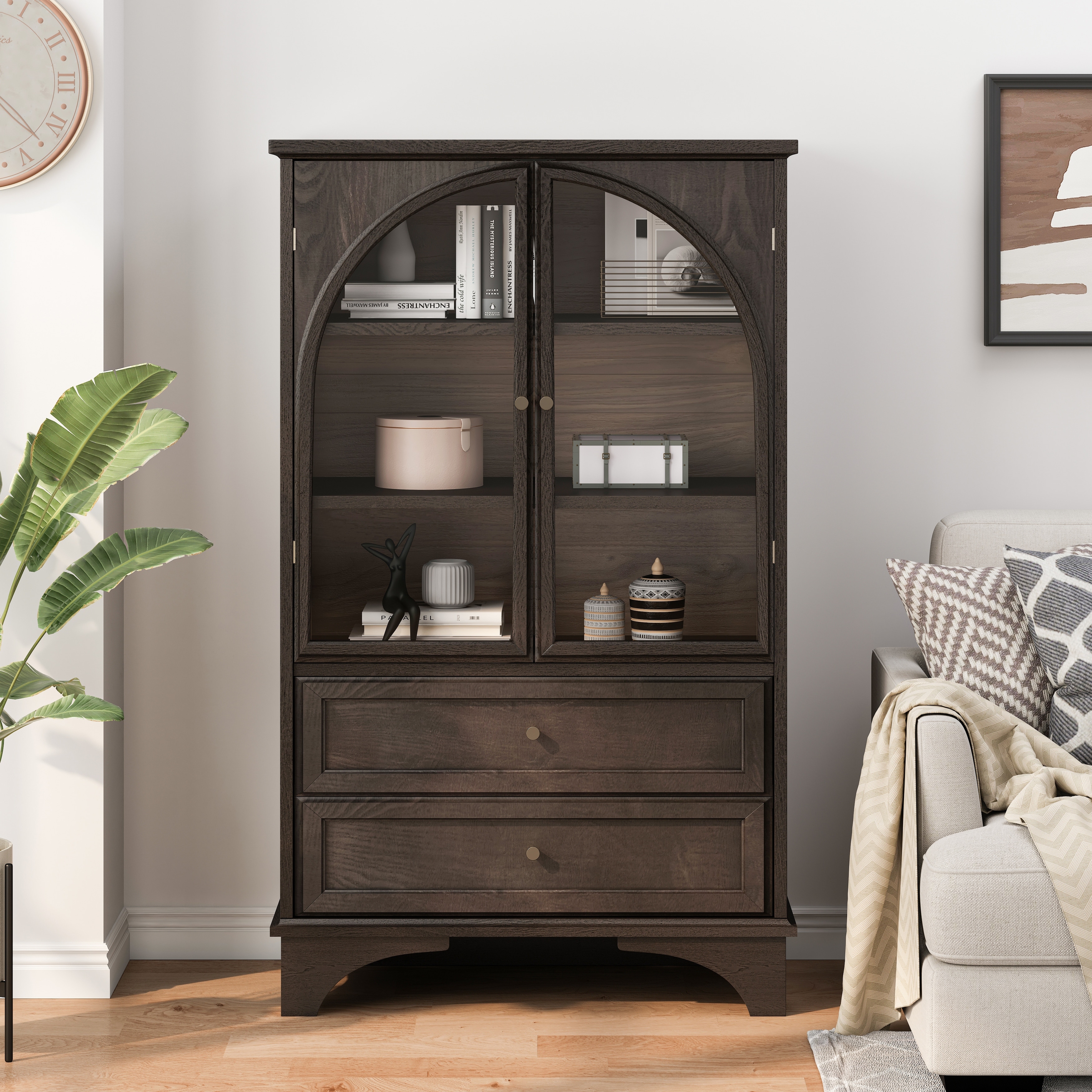 52.17"H Glass Door Display Case Storage Cabinet with 2 Drawers and Adjustable Shelf