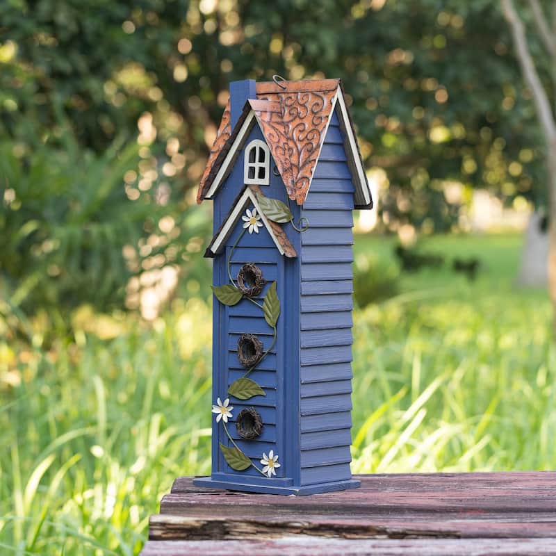 Glitzhome 24.25"H Oversized Washed Blue or White 3-Tiered Solid Wood Villa Decorative Outdoor Garden Birdhouse