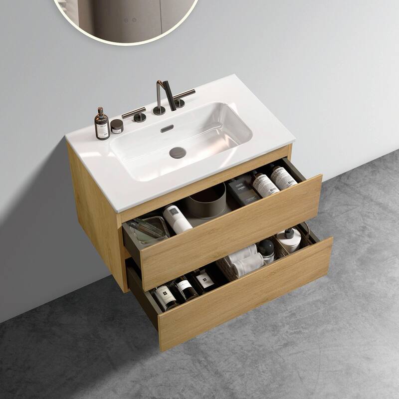 Wall-Mount Bathroom Vanity with Ceramic Sink - Three Faucet Holes