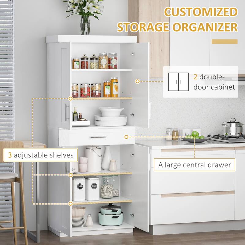 Space-Saving White Pantry Cabinet with Adjustable Shelves and Pull-Out Drawer for Home or Office - 30" W x 15.75" D x 72" H
