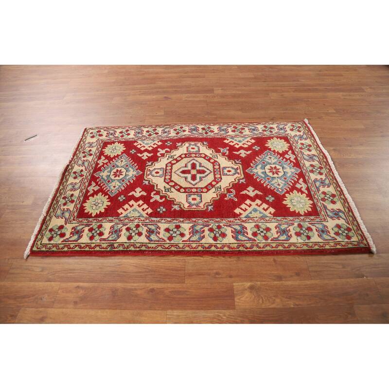 Red Kazak Foyer Rug Geometric Handmade Wool Carpet - 2'7"x 3'11"