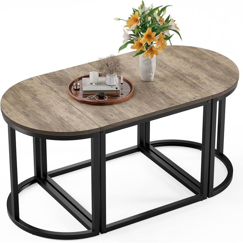 Modern Oval 3pc Coffee Table Set w/2 End Tables & Metal Frame - Gray Wash