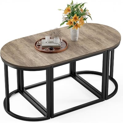 Modern Oval 3pc Coffee Table Set w/2 End Tables & Metal Frame