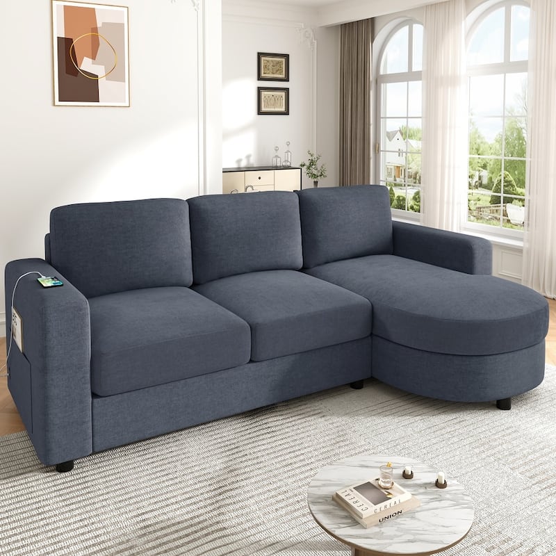 84.6" Modern Sectional Sofa with Curved Chaise Lounge & USB Ports - Blue