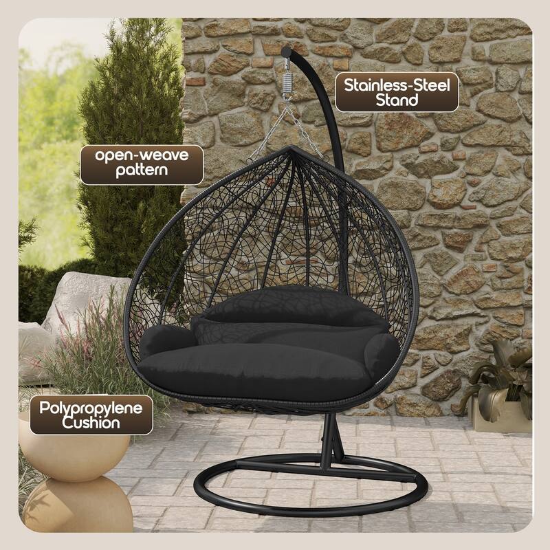 2-Person Outdoor Hanging Egg Chair with Teardrop Frame, Weather-Resistant Cotton Cushioned Seat for Patio and Indoor Use