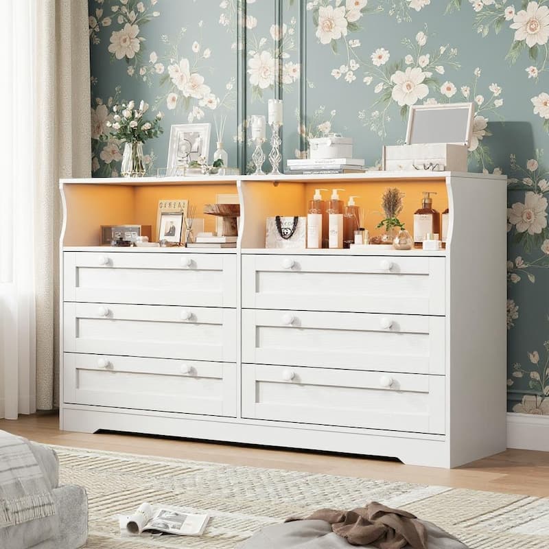 6 Drawer Large Wooden Dresser, with LED Light and Power Outlet - White