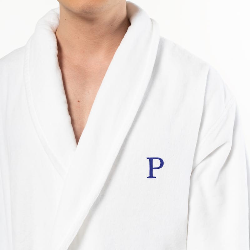 Authentic Hotel and Spa 100% Turkish Cotton Personalized Unisex Anovia Velour Bathrobe - Navy Block Font