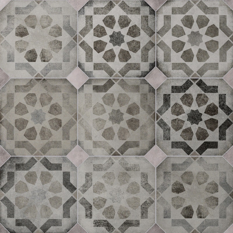 Merola Tile Laverton Octagon Deco Sombra 7-7/8" x 7-7/8" Porcelain Floor and Wall Tile