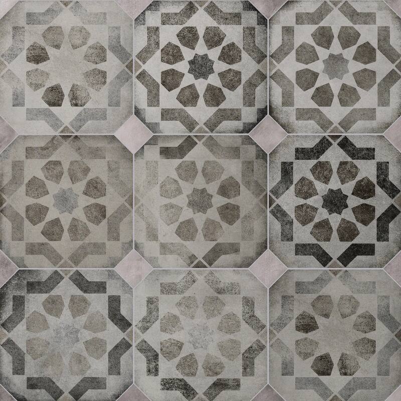 Merola Tile Laverton Octagon Deco Sombra with Taco Gris 7-7/8" x 7-7/8" Porcelain Floor and Wall Tile