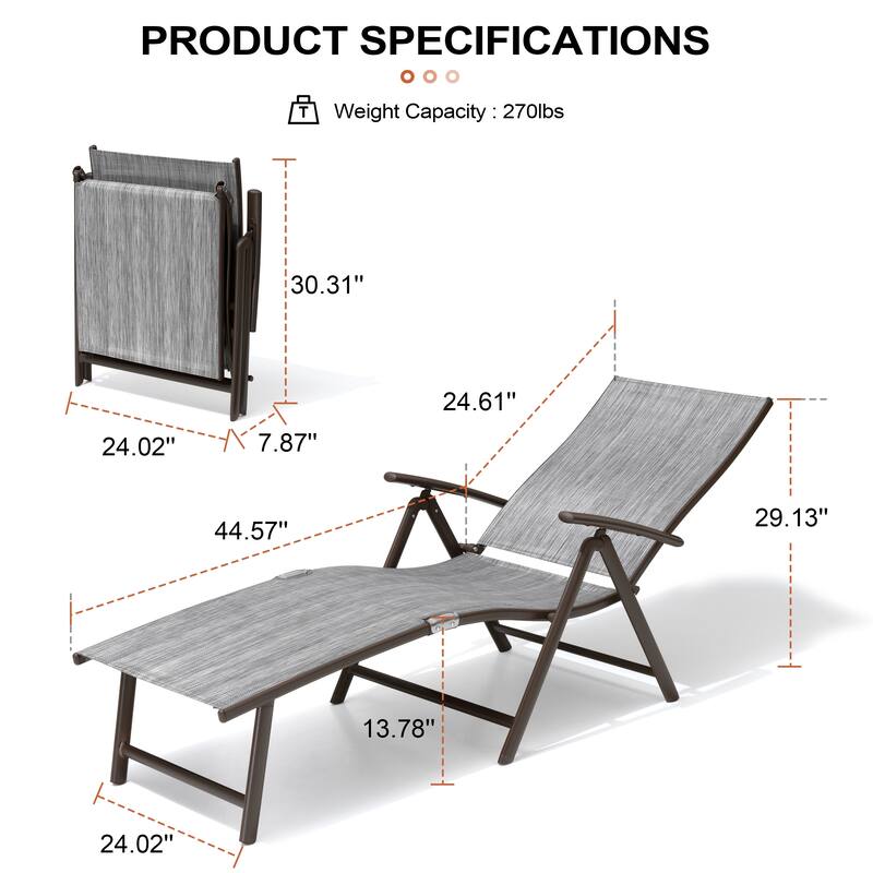 Crestlive Products Outdoor Aluminum Folding Adjustable Chaise Lounge Chair