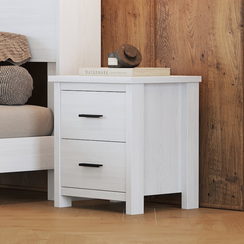 Dark Walnut Vintage Nightstand with Two Spacious Drawers, Simple & Modern Design - White