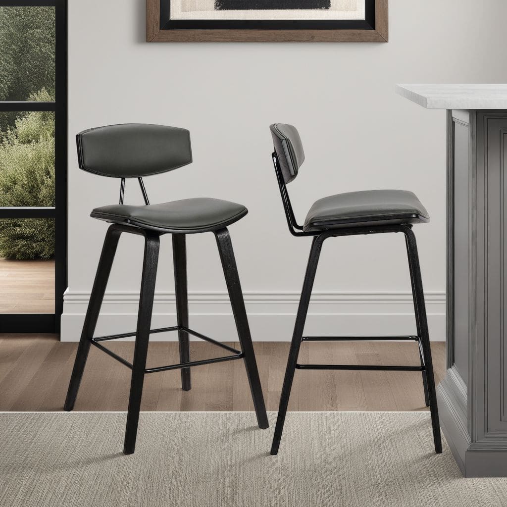 Fox 26" Counter Stool, Gray Faux Leather and Black Wood