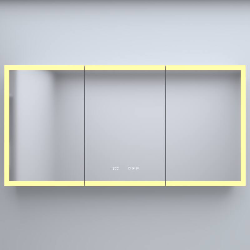 Rectangular Aluminum Recessed/Surface Mount Medicine Cabinet in Silver with Mirror LED and Clock
