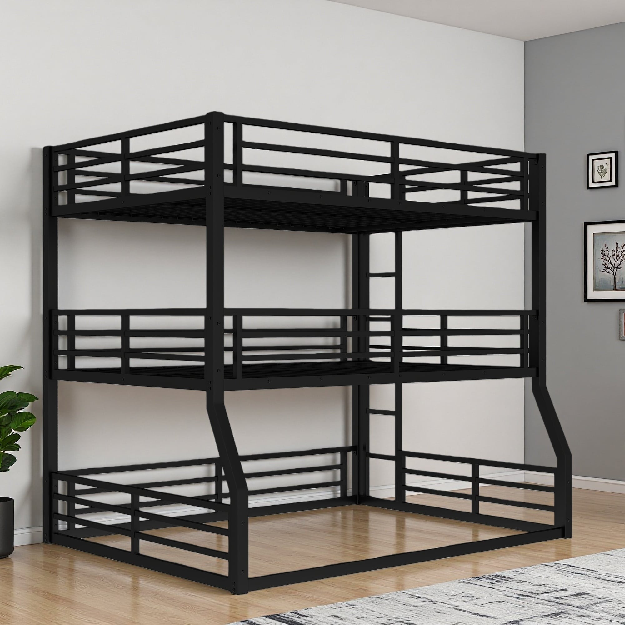 Full/Full XL over Full/Full XL over Queen Metal Triple Bunk Bed with Safety Guardrails