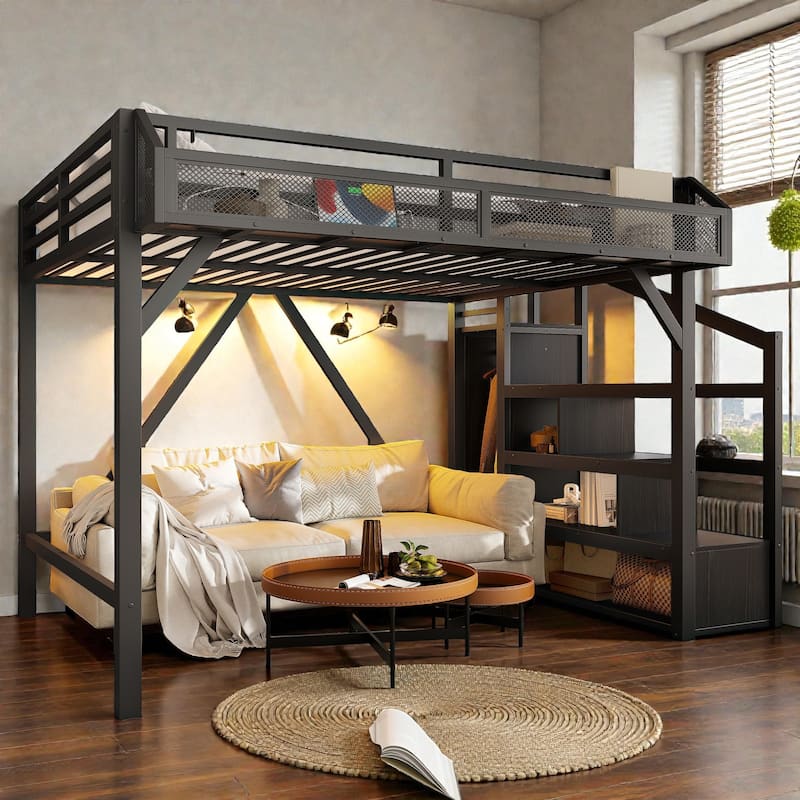 Metal Loft Bed with Storage Stairs, Wardrobe and Shelves, USB Ports and LED Lights, Noise Reduced Frame - Black - Full