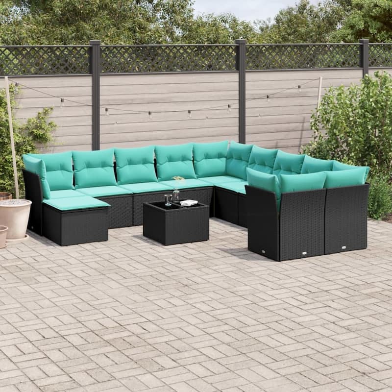 vidaXL Patio Sofa Set with Cushions Outdoor Conversation Furniture Poly Rattan - 24.4" x 24.4" x 27.2" - Black and blue with table