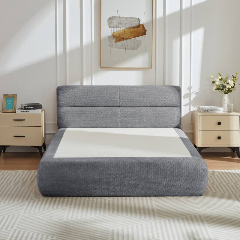 Roomfitters Modern Upholstered Platform Bed, Low Profile Chenille Bed Frame with Padded Headboard for Bedroom