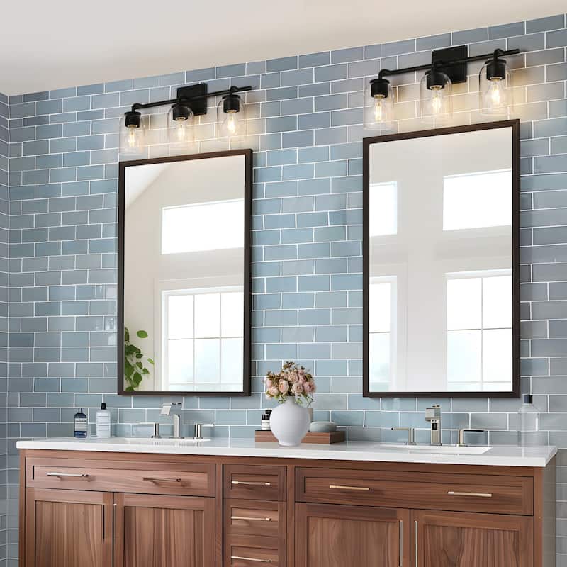 Modern 3-Light Black Gold Linear Bathroom Vanity Light Cylinder Glass Wall Sconces