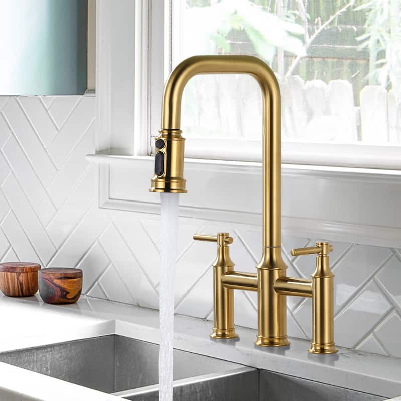 WOWOW Double Handle Bridge Kitchen Faucet with Advanced Spray