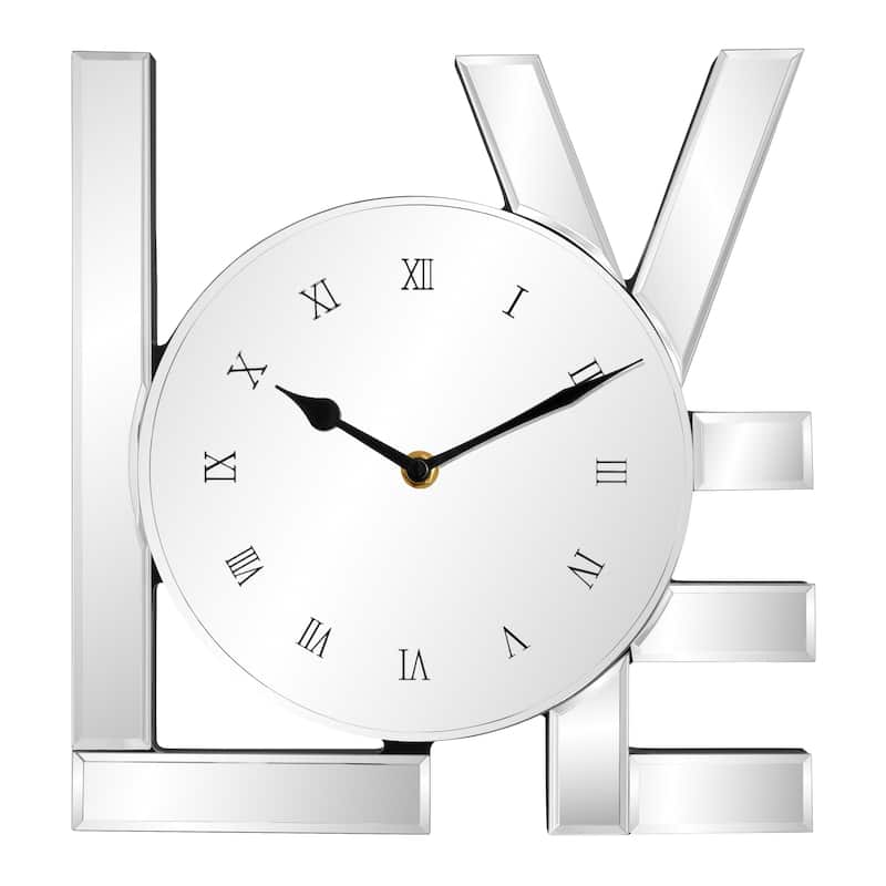 HomeRoots 11" Silver Mirrored Glass Love Wall Clock - 11.02 in. x 11.81 in. x 1.38 in.