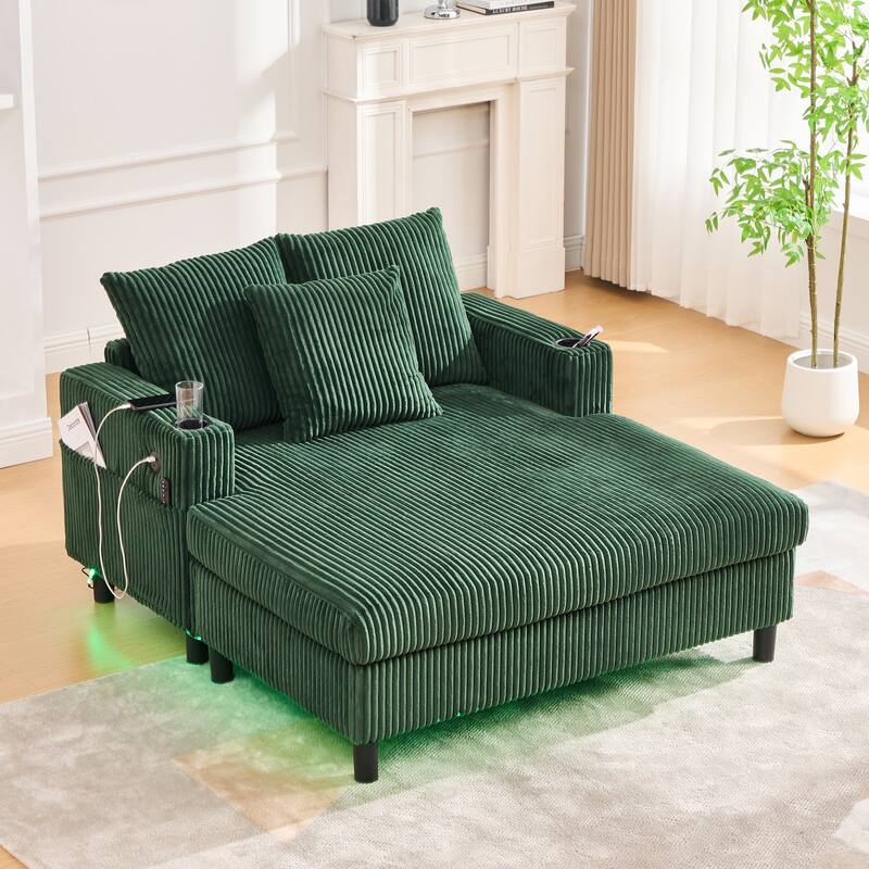 Corduroy Recliner Sofa - Oversized Deep Seat with USB, RGB Lights, Cup Holder & Side Pocket - Living Room, Bedroom - Emerald