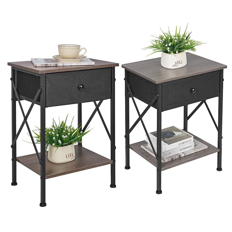 Javlergo 2 Pack X Frame Nightstand with Removable Fabric Drawer Easy to Clean Multifunctional End Table with Open Shelf - Grey