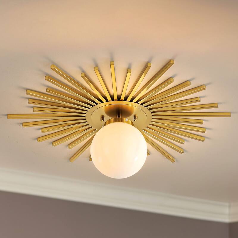 23.6" 1-Light Mid-Century Modern Luxury Raidant Sunburst Gold/Black Semi-Flush Mount Ceiling Light with Opal Glass Globe Shade
