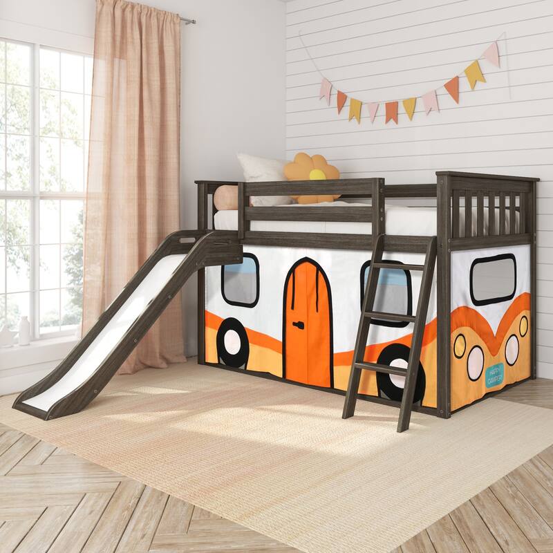 Max and Lily Classic Twin over Twin Low Bunk with Easy Slide and Curtain - Clay