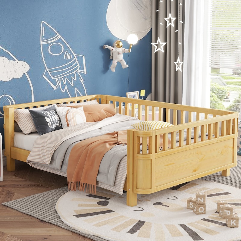 Kids Platform Bed Toddler Low Platform Wood Bed with Removable Guardrail, Rounded Corner Design Bed Frame to Protect Children - Natural - Full