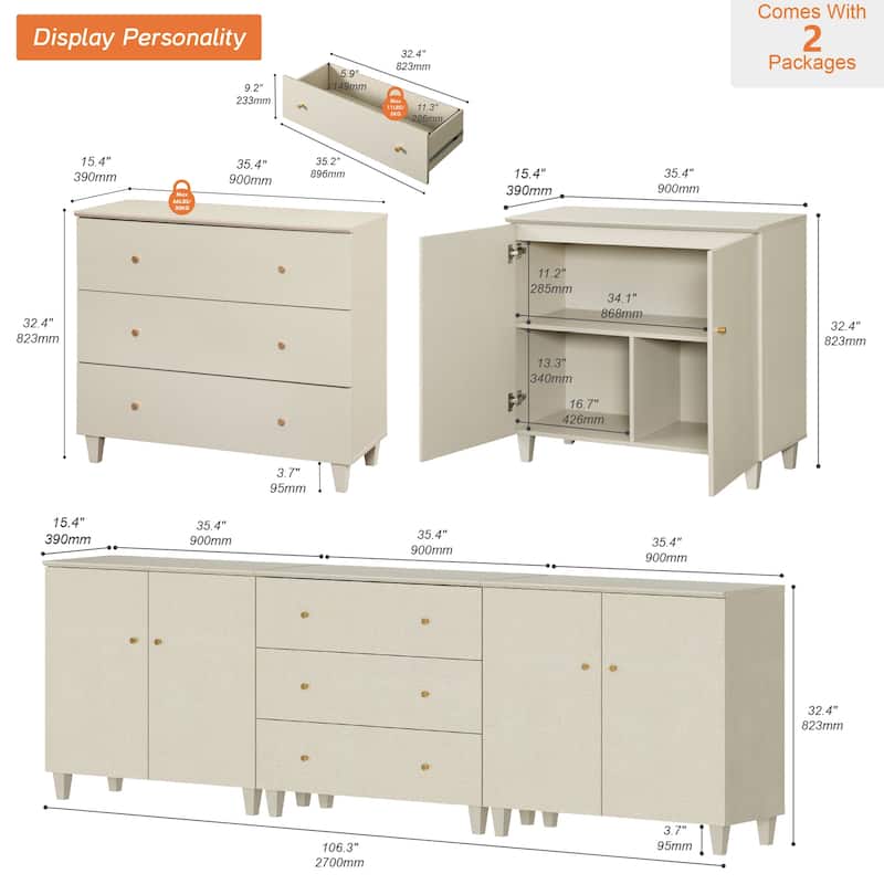 Wood Dresser with 3 Drawers and 2 Cabinets for Bedroom, 106" Wide
