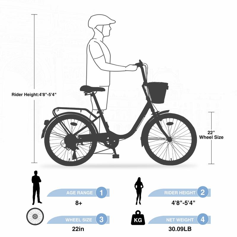 7 Speed Comfort City Bike, 22 Inch Road Cycling Bicycle with Leather Saddle and Basket, Steel Frame for Kids and Teens
