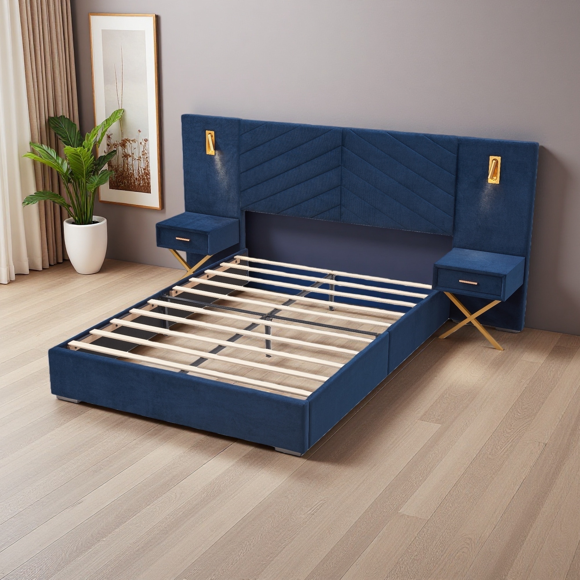 King Size Velvet Bed Frame with Vertical Channel Tufted Wingback Headboard, Upholstered Platform Bed with Strong Wooden Slats