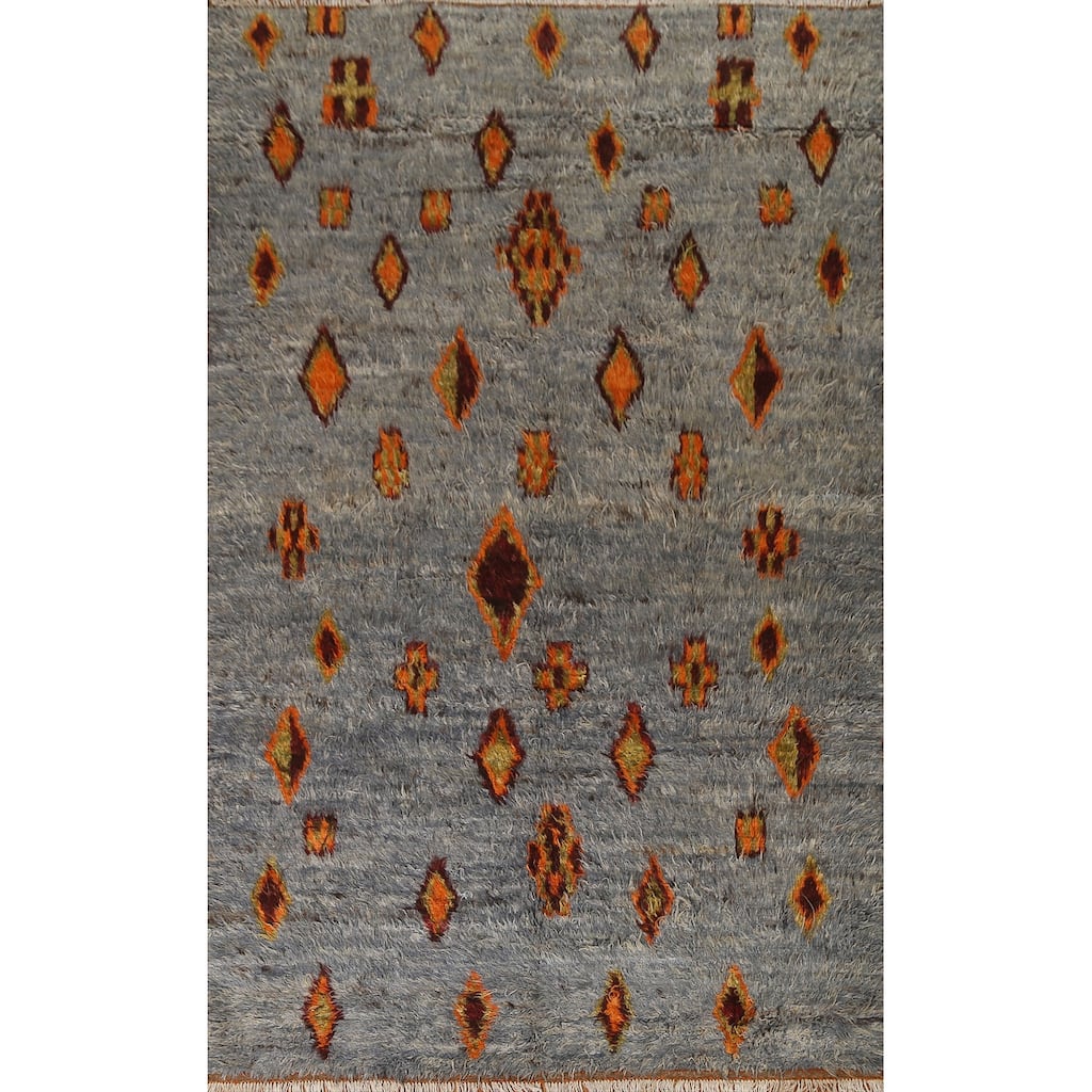 Hand Knotted Oriental 100% Wool Carpet Modern Tribal Navy Blue & Blues Moroccan Area Rug - 9' 9'' X 6' 4''